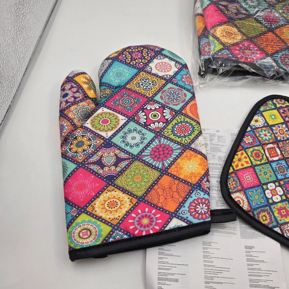 Mandala Patchwork Oven Mitt and Pot Holder Set 3 Piece Colorful Boho Kitchen L4